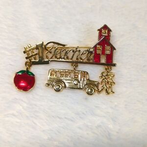 Vintage Goldtone and Red Enamel #1 TEACHER Brooche